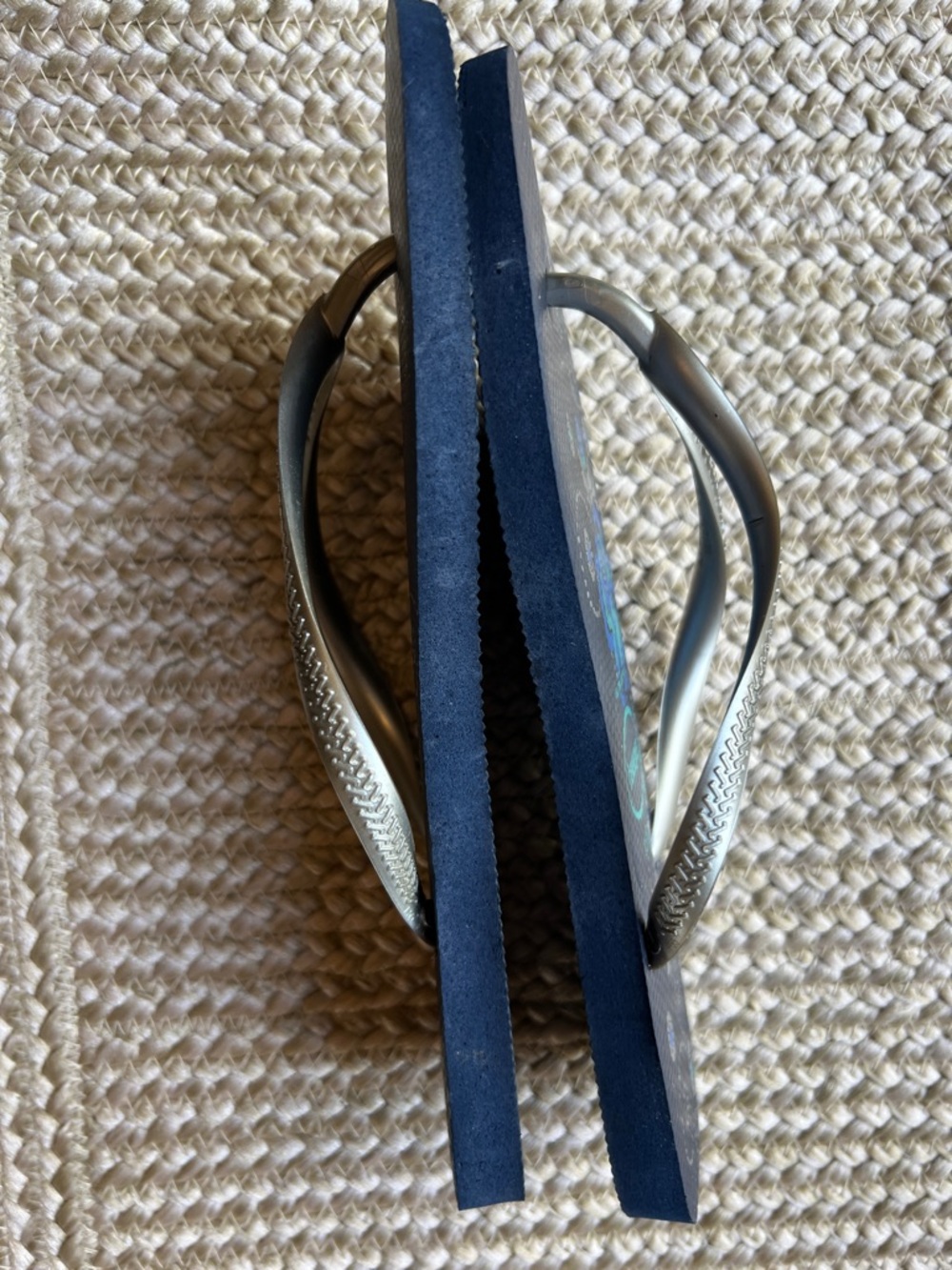 Havaianas Navy Flip Flops with Blue & Teal Floral Print and Silver Straps - Picture 3 of 3